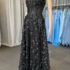A Line Black Strapless Corset Prom Dress with Appliques