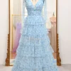 A Line Blue Printed V-neck Long Tiered Prom Dress with Slit