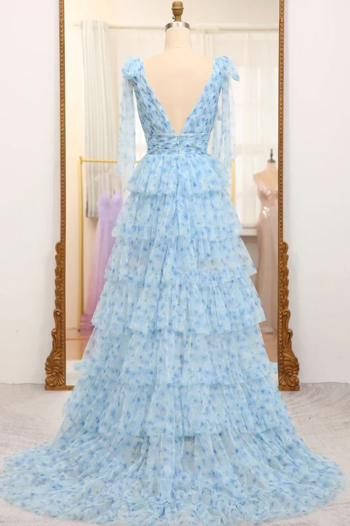 A Line Blue Printed V-neck Long Tiered Prom Dress with Slit