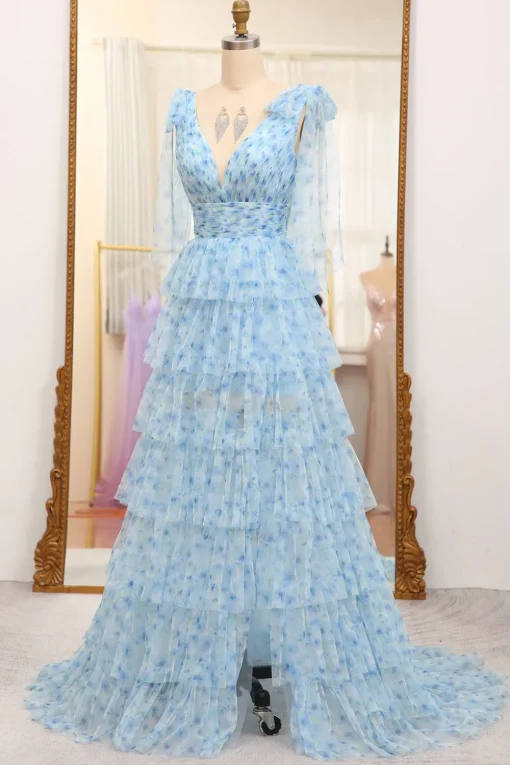 A Line Blue Printed V-neck Long Tiered Prom Dress with Slit