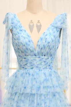 A Line Blue Printed V-neck Long Tiered Prom Dress with Slit