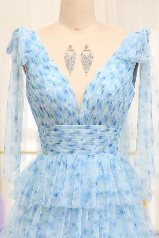 A Line Blue Printed V-neck Long Tiered Prom Dress with Slit