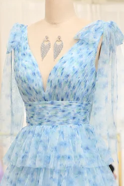 A Line Blue Printed V-neck Long Tiered Prom Dress with Slit