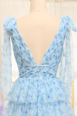 A Line Blue Printed V-neck Long Tiered Prom Dress with Slit