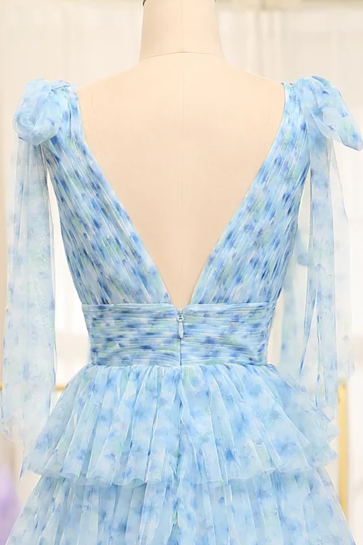 A Line Blue Printed V-neck Long Tiered Prom Dress with Slit