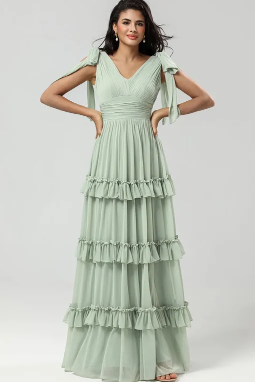 A Line Chiffon Green Bridesmaid Dress with Pleated