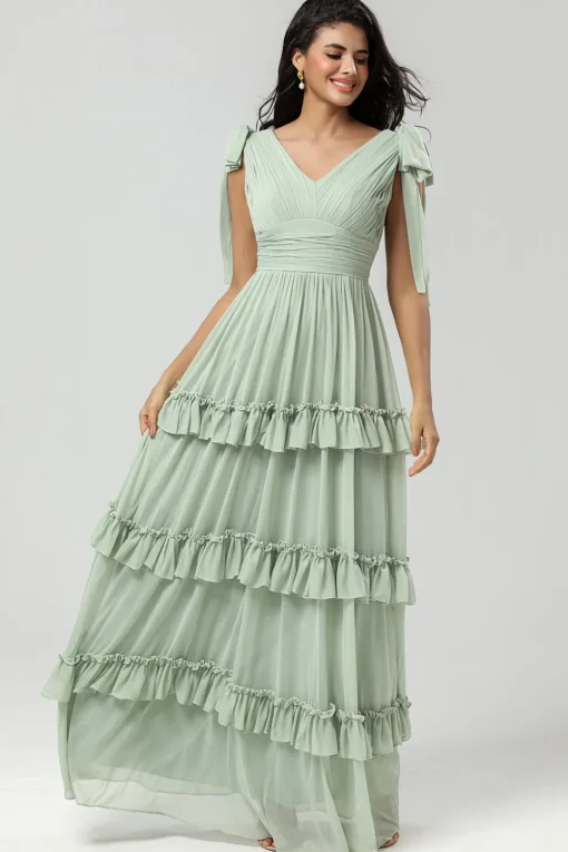 A Line Chiffon Green Bridesmaid Dress with Pleated