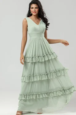 A Line Chiffon Green Bridesmaid Dress with Pleated
