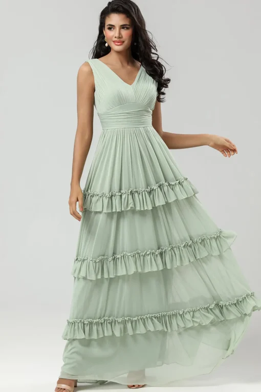 A Line Chiffon Green Bridesmaid Dress with Pleated