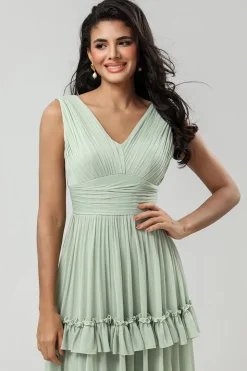 A Line Chiffon Green Bridesmaid Dress with Pleated