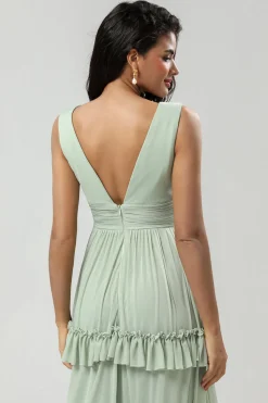 A Line Chiffon Green Bridesmaid Dress with Pleated