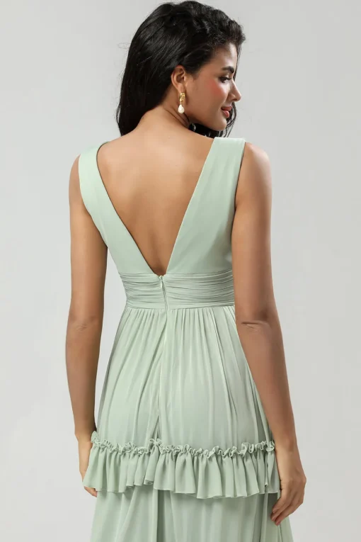 A Line Chiffon Green Bridesmaid Dress with Pleated