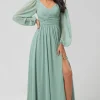 A Line Green Long Sleeves Bridesmaid Dress with Slit