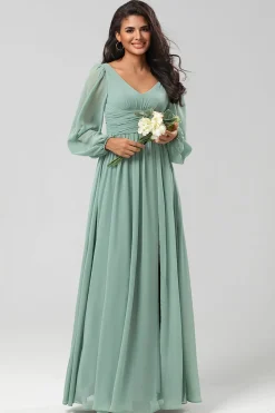 A Line Green Long Sleeves Bridesmaid Dress with Slit