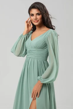 A Line Green Long Sleeves Bridesmaid Dress with Slit