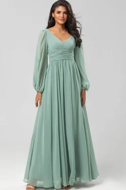 A Line Green Long Sleeves Bridesmaid Dress with Slit