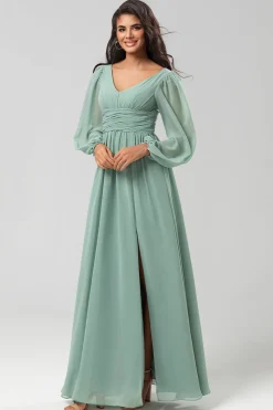 A Line Green Long Sleeves Bridesmaid Dress with Slit