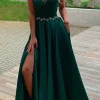 A Line Green Spaghetti Straps Satin Prom Dress with Pockets