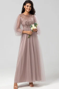 A Line Jewel Neck Grey Blue Long Bridesmaid Dress with Long Sleeves