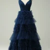 A Line Navy Spaghetti Straps Princess Prom Dress with Slit
