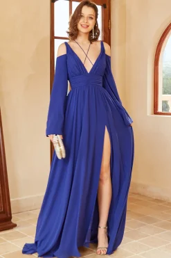 A Line Off the Shoulder Royal Blue Prom Dress with Split Front