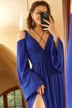 A Line Off the Shoulder Royal Blue Prom Dress with Split Front