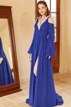 A Line Off the Shoulder Royal Blue Prom Dress with Split Front