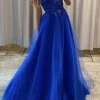 A Line Princess Royal Blue Beading Prom Dress with Appliques