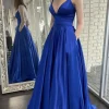 A Line Royal Blue Satin Prom Dress with Pockets