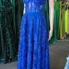 A Line Royal Blue Strapless Corset Prom Dress with Appliques