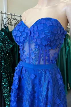 A Line Royal Blue Strapless Corset Prom Dress with Appliques