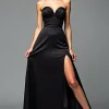 A Line Satin Sweetheart Long Black Tie Dress With Slit