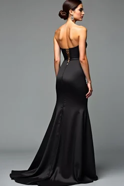A Line Satin Sweetheart Long Black Tie Dress With Slit