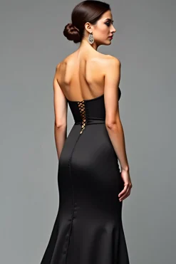 A Line Satin Sweetheart Long Black Tie Dress With Slit