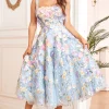 A Line Spaghetti Straps Blue Tea Length Prom Dress with 3D Flowers