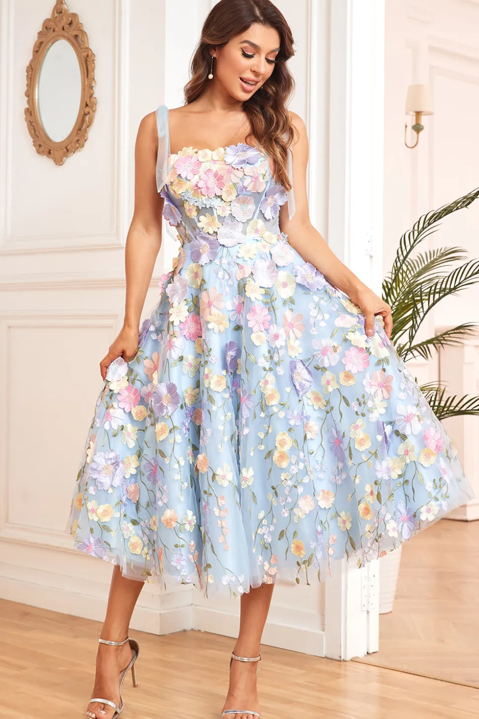 A Line Spaghetti Straps Blue Tea Length Prom Dress with 3D Flowers