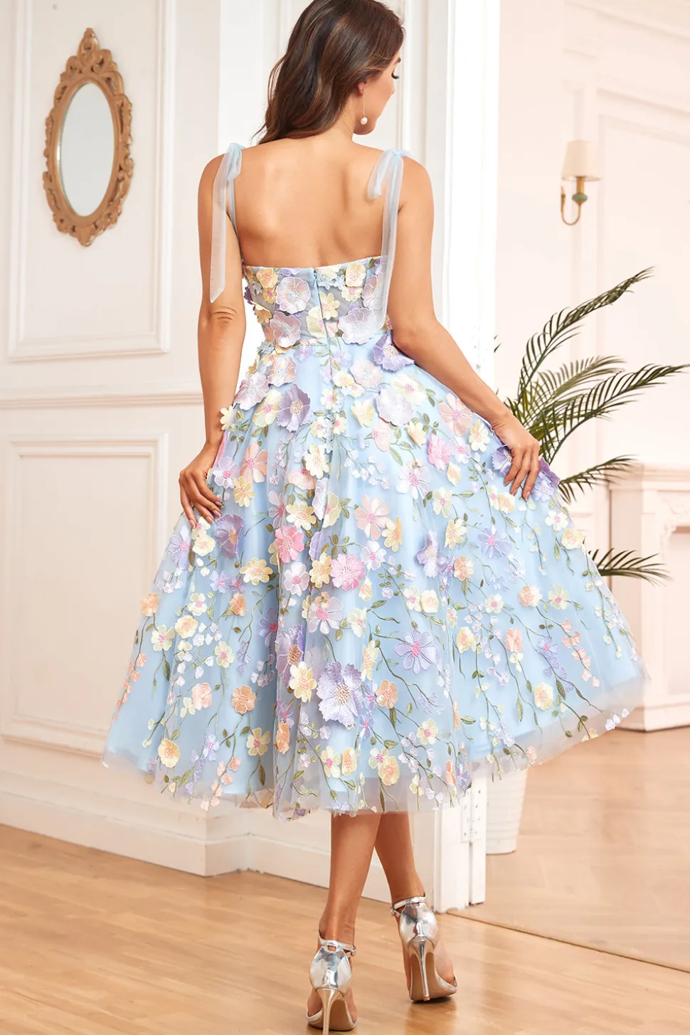 A Line Spaghetti Straps Blue Tea Length Prom Dress with 3D Flowers