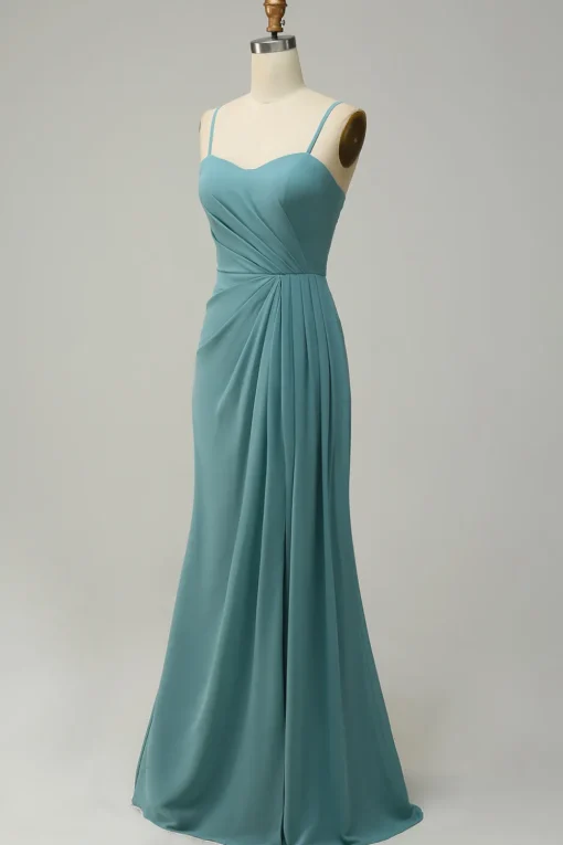 A Line Spaghetti Straps Blush Long Bridesmaid Dress with Split Front