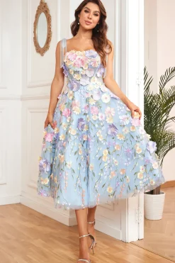 A Line Spaghetti Straps Blue Tea Length Prom Dress with 3D Flowers