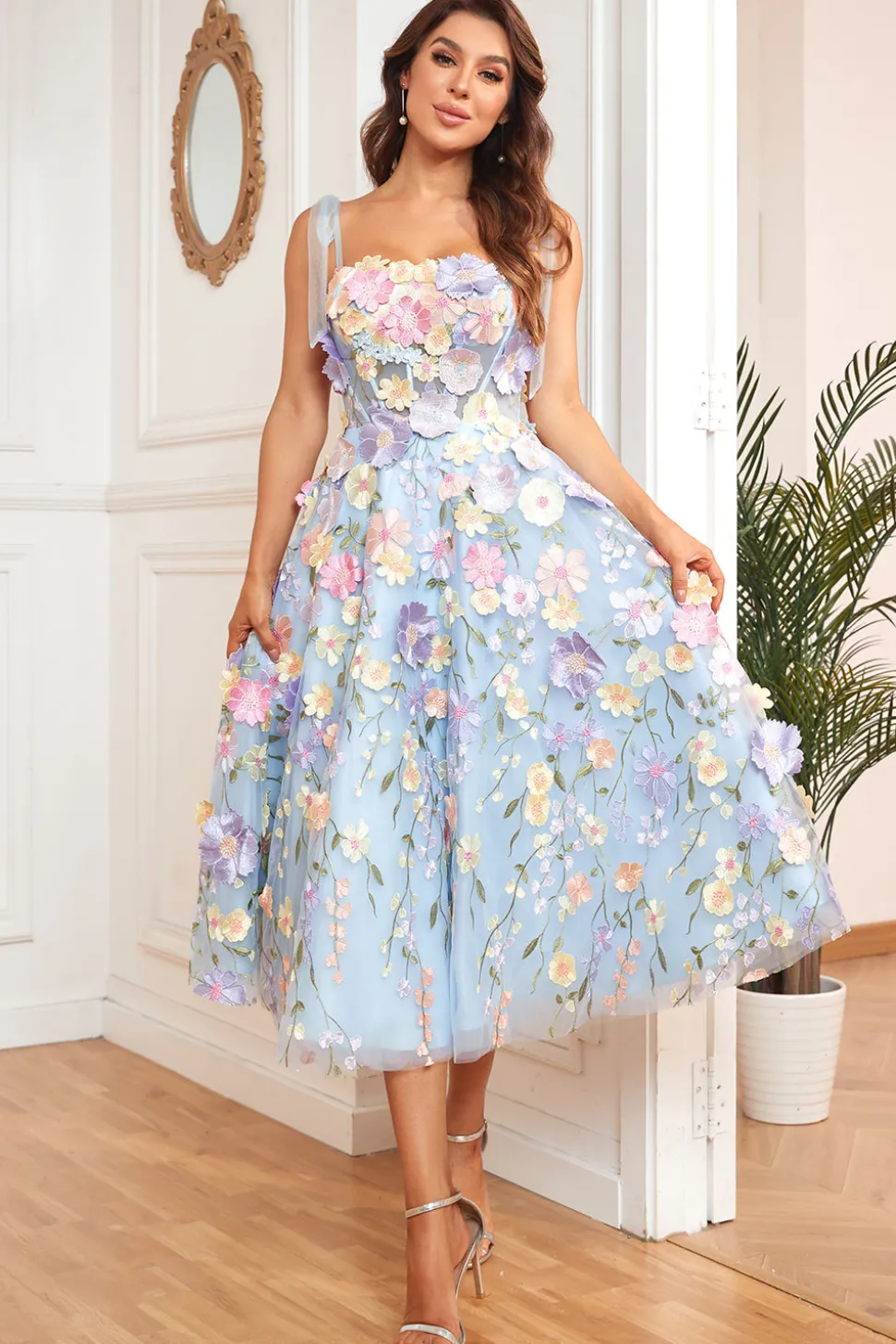 A Line Spaghetti Straps Blue Tea Length Prom Dress with 3D Flowers