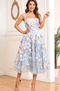 A Line Spaghetti Straps Blue Tea Length Prom Dress with 3D Flowers