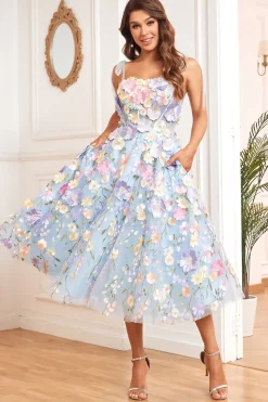 A Line Spaghetti Straps Blue Tea Length Prom Dress with 3D Flowers