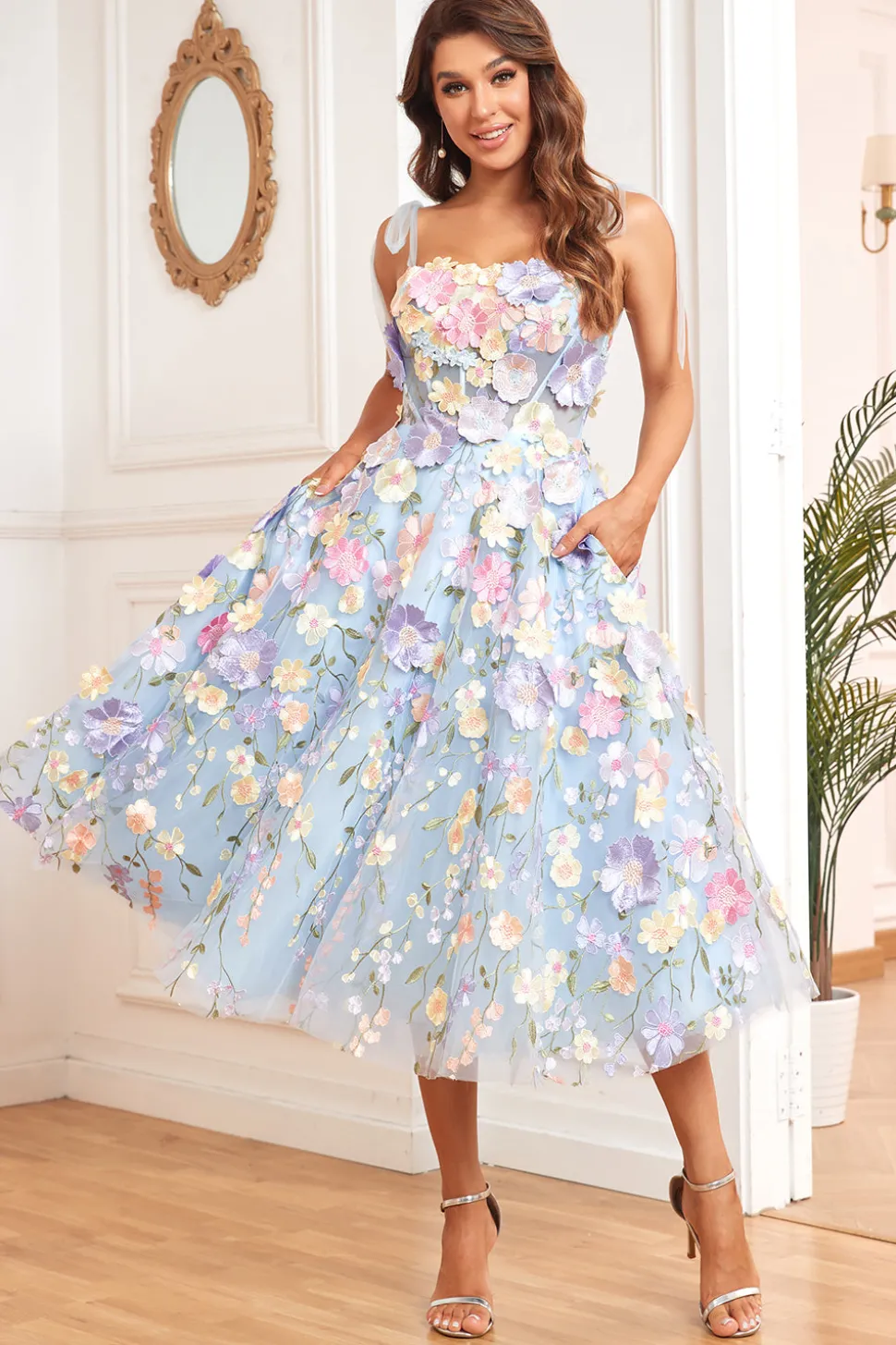 A Line Spaghetti Straps Blue Tea Length Prom Dress with 3D Flowers