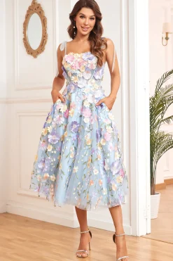 A Line Spaghetti Straps Blue Tea Length Prom Dress with 3D Flowers
