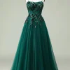 A Line Spaghetti Straps Dark Green Corset Prom Dress with Appliques