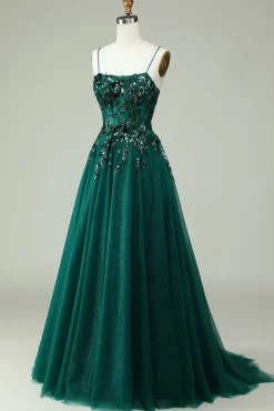 A Line Spaghetti Straps Dark Green Corset Prom Dress with Appliques
