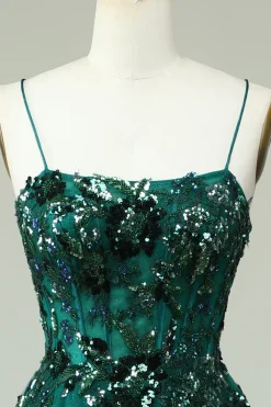 A Line Spaghetti Straps Dark Green Corset Prom Dress with Appliques