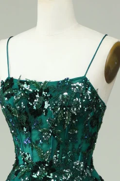 A Line Spaghetti Straps Dark Green Corset Prom Dress with Appliques