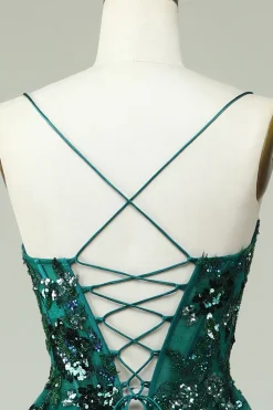 A Line Spaghetti Straps Dark Green Corset Prom Dress with Appliques