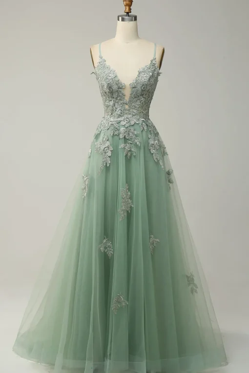 A Line Spaghetti Straps Green Long Prom Dress with Criss Cross Back